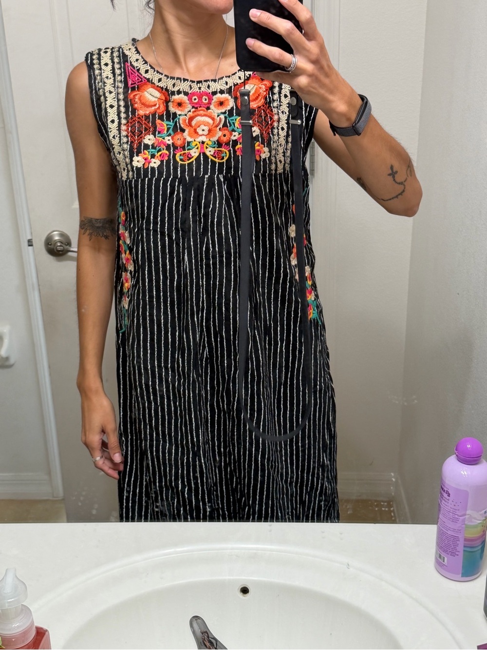 Embroidered Black Sleeveless Midi Dress with Floral Accents